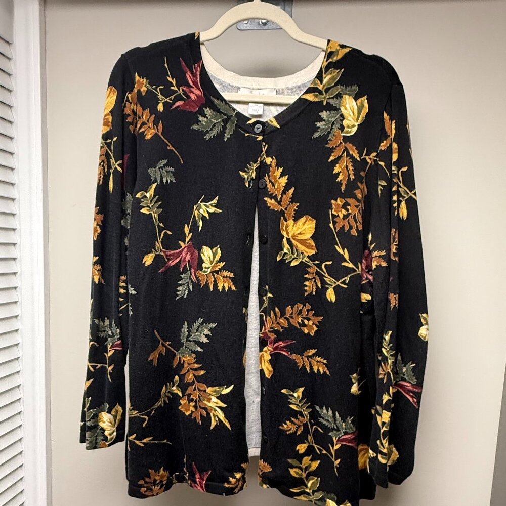 CJ Banks women's 1X black long sleeve cardigan with fall leaves